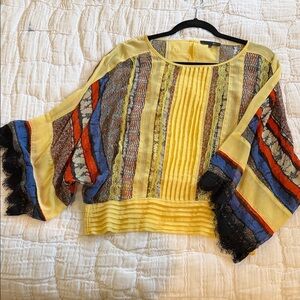 Ryu Yellow Multi-Stripe Pleated Blouse with Lace Trim